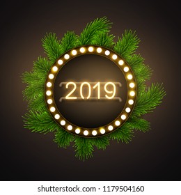 Happy New 2019 year glowing gold neon banner on green fir background, postcard design, vector illustration