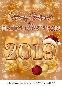 Happy new 2019 year golden banner, vector illustration