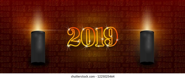 Happy New 2019 Year. Greeting card or party invitation template. Dark abstract background with decorative lighting, golden numbers 2019 and typography halftone pattern. Vector holiday illustration. 