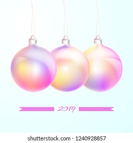 Happy New 2019 Year greeting card with holographic bauble or ball for christmas fir tree