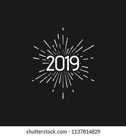 Happy New 2019 Year. Holiday vector illustration with typographic composition. Festive label with star burst. NYE logo design with firework or sparkler shape