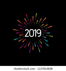 Feliz Ano Novo 2019. Ilustração vetorial de férias com composição tipográfica festiva. Etiqueta de Ano Novo 2019 Com Forma de Fogo de Artifício Multicolorido Gráfico. Design de logotipo Happy NYE