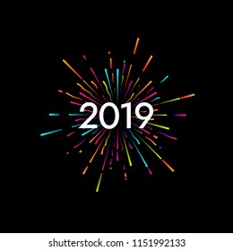 Happy New 2019 Year. Holiday vector illustration with festive typographic composition. New Year 2019 Label With Graphic Multicolored Firework Shape. Happy NYE Logo Design