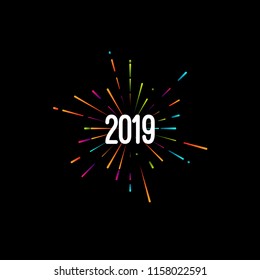 Happy New 2019 Year. Holiday vector illustration with festive typographic composition. New Year 2019 Label With Graphic Multicolored Firework Shape. Happy NYE Logo Design