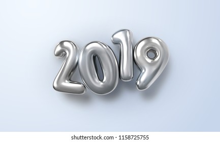 Happy New 2019 Year. Holiday vector illustration of silver metallic numbers 2019. Realistic 3d sign. Festive poster or banner design