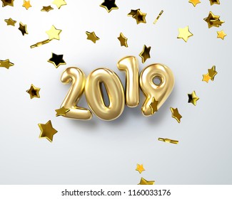 Happy New 2019 Year. Holiday vector illustration of golden metallic numbers 2019 with falling confetti stars. Realistic 3d sign. Festive poster or banner design