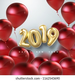 Happy New 2019 Year. Holiday vector illustration of golden metallic numbers 2019 and flying red balloons. Realistic 3d sign. Festive poster or banner design