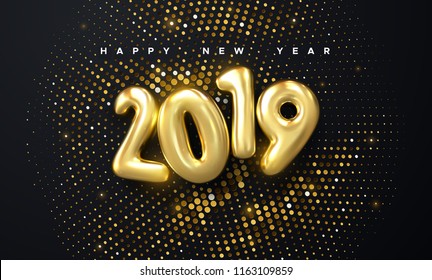 Happy New 2019 Year. Holiday vector illustration of golden metallic numbers 2019 and glittering halftone pattern. Realistic 3d sign. Festive poster or banner design