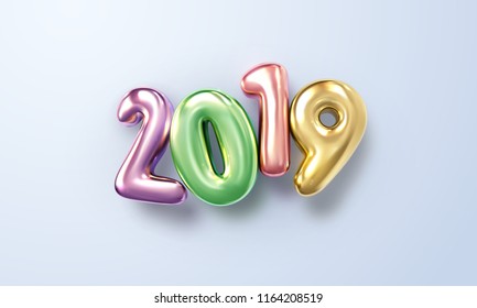 Happy New 2019 Year. Holiday vector illustration of multicolored metallic numbers 2019. Realistic 3d sign. Festive poster or banner design