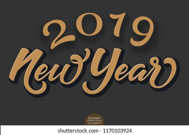 Happy New 2019 Year. Holiday Vector Volumetric Illustration With Lettering Composition. Elegant modern 3D handwritten winter calligraphy. Typography poster for cards, posters, banners etc