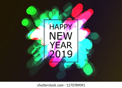 Happy New 2019 Year. Holiday vector illustration with festive typographic composition. New Year 2019 Label With Graphic Multicolored Firework Shape. Vector illustration
