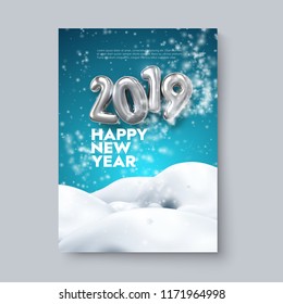 Happy New 2019 Year. Holiday blue poster template or festive party invitation design. Vector illustration. Winter decoration with silver numbers, blizzard, snowflakes and snowdrifts