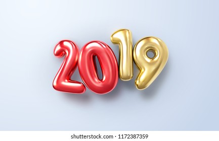 Happy New 2019 Year. Holiday vector illustration of red and golden metallic numbers 2019. Realistic 3d sign. Festive poster or banner design