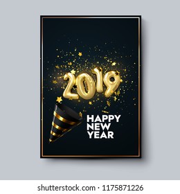 Happy New 2019 Year. Holiday poster template or festive party invitation design. Vector illustration. New Year event decoration of sparkling golden confetti particles, stars, party popper and numbers