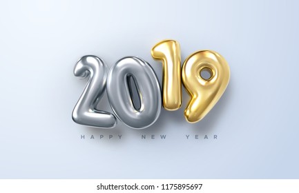 Happy New 2019 Year. Holiday vector illustration of silver and golden metallic numbers 2019. Realistic 3d sign. Festive poster or banner design