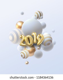 Happy New 2019 Year. Holiday vector illustration of golden metallic numbers 2019 and abstract balls or bubbles. Realistic 3d sign. Festive poster or banner design. Party invitation