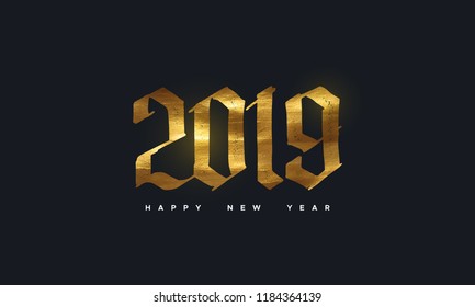 Happy New 2019 Year. Holiday vector illustration of golden calligraphy paint numbers 2019. Festive poster or banner design. Party invitation