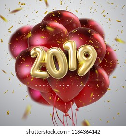 Happy New 2019 Year. Holiday vector illustration of golden metallic numbers 2019, flying red balloons and confetti particles. Realistic 3d sign. Festive poster or banner design