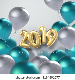 Happy New 2019 Year. Holiday vector illustration of golden metallic numbers 2019 and flying turquoise and white balloons. Realistic 3d sign. Festive poster or banner design