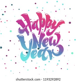 Happy New 2019 Year. Holiday Vector lettering Illustration With Lettering Composition and Burst Vintage Festive Label