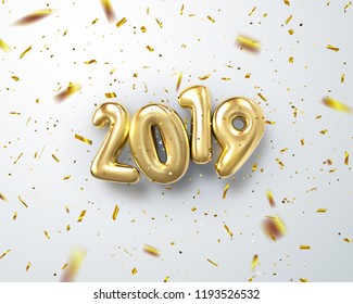 Happy New 2019 Year. Holiday vector illustration of golden metallic numbers 2019 with falling confetti particles. Realistic 3d sign. Festive poster or banner design. Festive sparkling ornament