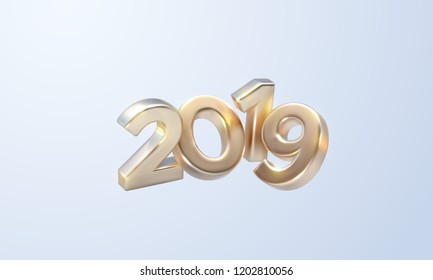 Happy New 2019 Year. Holiday vector illustration of golden metallic numbers 2019. Realistic 3d sign. Festive poster or banner design