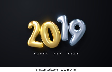 Happy New 2019 Year. Holiday vector illustration of silver and golden metallic numbers 2019 on black background. Realistic 3d sign. Festive poster or banner design