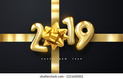 Happy New 2019 Year. Holiday vector illustration of golden metallic numbers 2019, bow and ribbons on black background. Realistic 3d sign. Festive poster or banner design