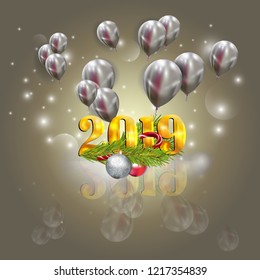Happy New 2019 year. Holiday background with flying balloons, spruce branch, candy cane and gold  lettering 2019. Vector illustration