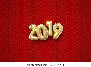 Happy New 2019 Year. Holiday vector illustration of golden metallic numbers 2019 on red knitted background. Realistic 3d sign. Festive poster or banner design