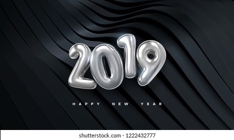 Happy New 2019 Year. Holiday vector illustration of silver metallic numbers 2019 on wavy black ribbon background. Realistic 3d sign. Festive poster or banner design. Modern cover design