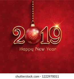 Happy New 2019 Year. Holiday vector illustration of golden numbers on red background with spotlights. Festive poster or banner design