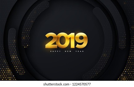 Happy New 2019 Year. Holiday vector illustration of golden metallic numbers 2019 and glittering pattern on black paper shapes background. Realistic 3d sign. Festive poster or banner design