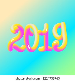 Happy New 2019 Year. Holiday vector illustration of pink and yellow numbers 2019. Realistic 3d sign. Festive poster or banner design.