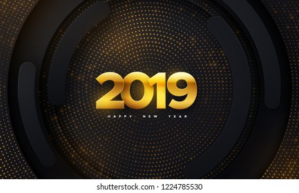 Happy New 2019 Year. Holiday vector illustration of golden metallic numbers 2019 and glittering pattern on black paper shapes background. Realistic 3d sign. Festive poster or banner design