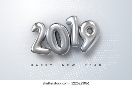 Happy New 2019 Year. Holiday vector illustration of silver metallic numbers 2019 and radial halftone pattern. Realistic 3d sign. Festive poster or banner design