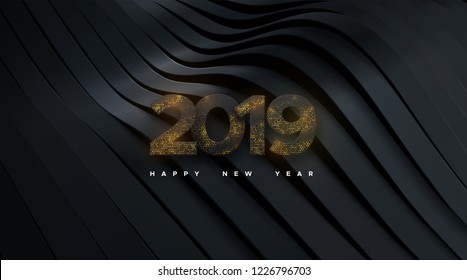 Happy New 2019 Year. Holiday vector illustration of black paper numbers 2019 textured with glittering strass on black paper ribbons background. New year sign. Festive poster or banner design