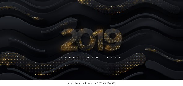 Happy New 2019 Year. Holiday vector illustration of black paper numbers 2019 textured with glittering particles on paper shapes black background. New year sign. Festive poster or banner design