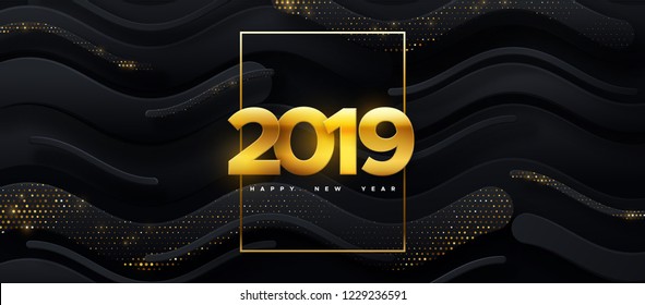 Happy New 2019 Year. Holiday vector illustration of golden paper numbers 2019 layered black background textured with glitters. New year sign. Festive poster or banner design