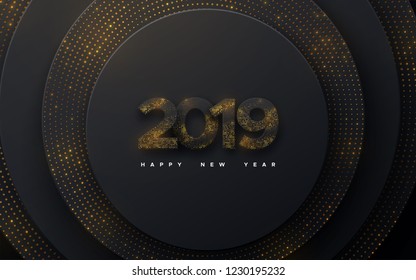 Happy New 2019 Year. Holiday vector illustration of black paper numbers 2019 with glitters on layered black shapes background. Realistic 3d sign. Festive poster or banner design