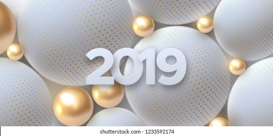 Happy New 2019 Year. Holiday vector illustration of white paper numbers 2019 and abstract balls or bubbles. 3d sign. Festive poster or banner design. Party invitation