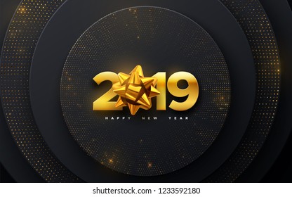 Happy New 2019 Year. Holiday vector illustration of numbers 2019 with golden bow on layered black shapes background. Realistic 3d sign. Festive poster or banner design. Christmas ornament