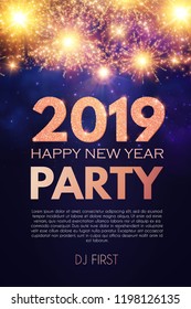 Happy New 2019 Year Party Poster Template with Fireworks Light Effects and Place for Text. Vector illustration