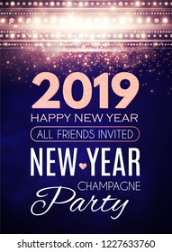 Happy New 2019 Year Party Poster Template. Art Deco Light Effects and Place for Text. Vector illustration