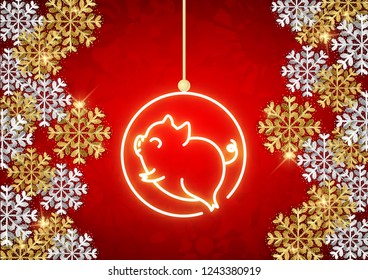 Happy New 2019 Year of the Pig, neon animal and glitter snowflakes, vector illustration