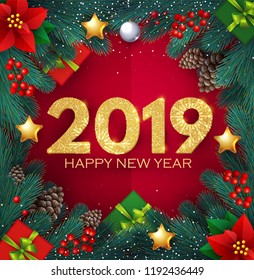 Happy New 2019 Year! Realistic Christmas Composition with Fir Tree Branches, Glossy Toys, Cones, Poinsettia and Lights. Vector illustration