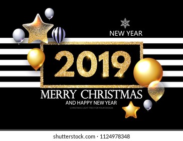 Happy New 2019 Year! Shining Greeting Card with Realistic Gold. Black. Transparent and Striped Balloons. Vector illustration