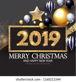 Happy New 2019 Year! Shining Greeting Card with Realistic Gold. Black. Transparent and Striped Balloons with Serpentine. Vector illustration