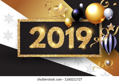 Happy New 2019 Year! Shining Greeting Card with Realistic Gold. Black. Transparent and Striped Balloons with Serpentine. Vector illustration