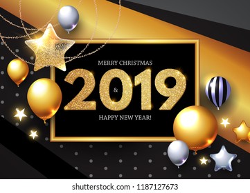 Happy New 2019 Year! Shining Greeting Card With Realistic Glossy Balloons With Serpentine. Vector Illustration